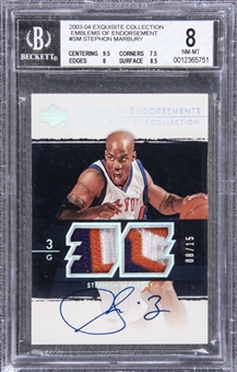 2003-04 UD "Exquisite Collection" Emblems of Endorsement #SM Stephon Marbury Signed Game Used Patch Card (#08/15) – BGS NM-MT 8/BGS 10